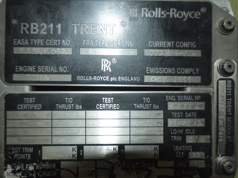 Trent 700 Engine - ESN 41116 - Info Plate